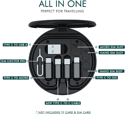 Picture of (5PCS)60W 5-in-1 Multi-Type Phone Micro USB Type Fast Charging Data Cable Set for Apple, Android, Type С Charging with Retrieve Card Pin, Round Storage Box - Black