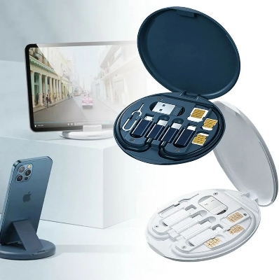 Picture of (5PCS)60W 5-in-1 Multi-Type Phone Micro USB Type Fast Charging Data Cable Set for Apple, Android, Type С Charging with Retrieve Card Pin, Round Storage Box - Black