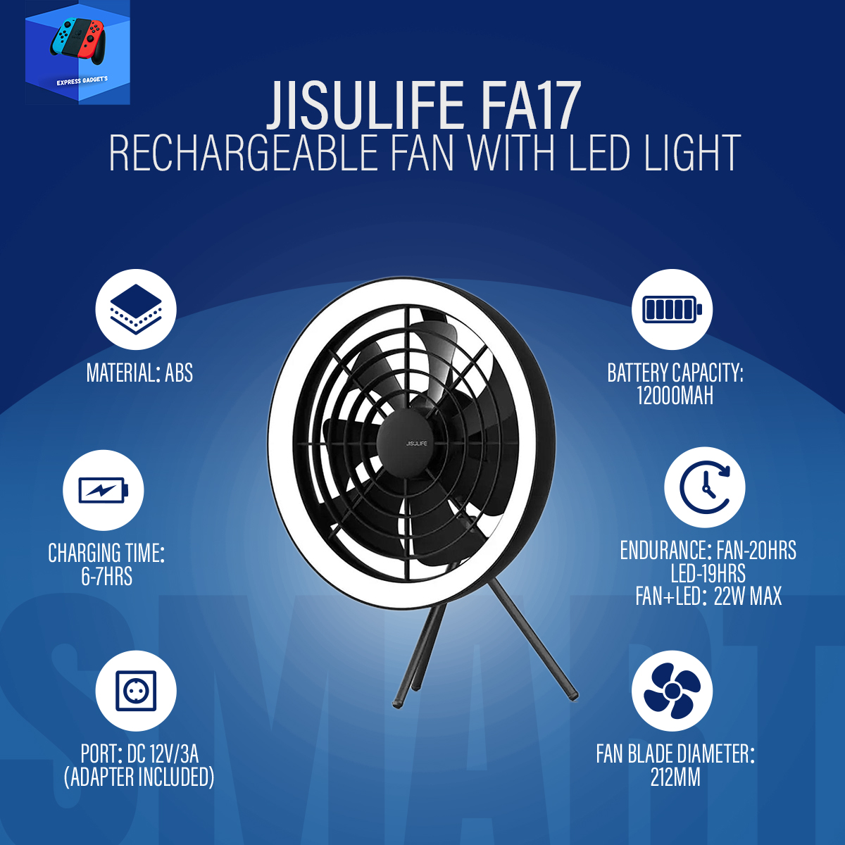 Picture of JISULIFE FA17 Rechargeable Fan(Original) With LED Light And Table Tripod(long tripod Not included)(2 years replacement warranty)