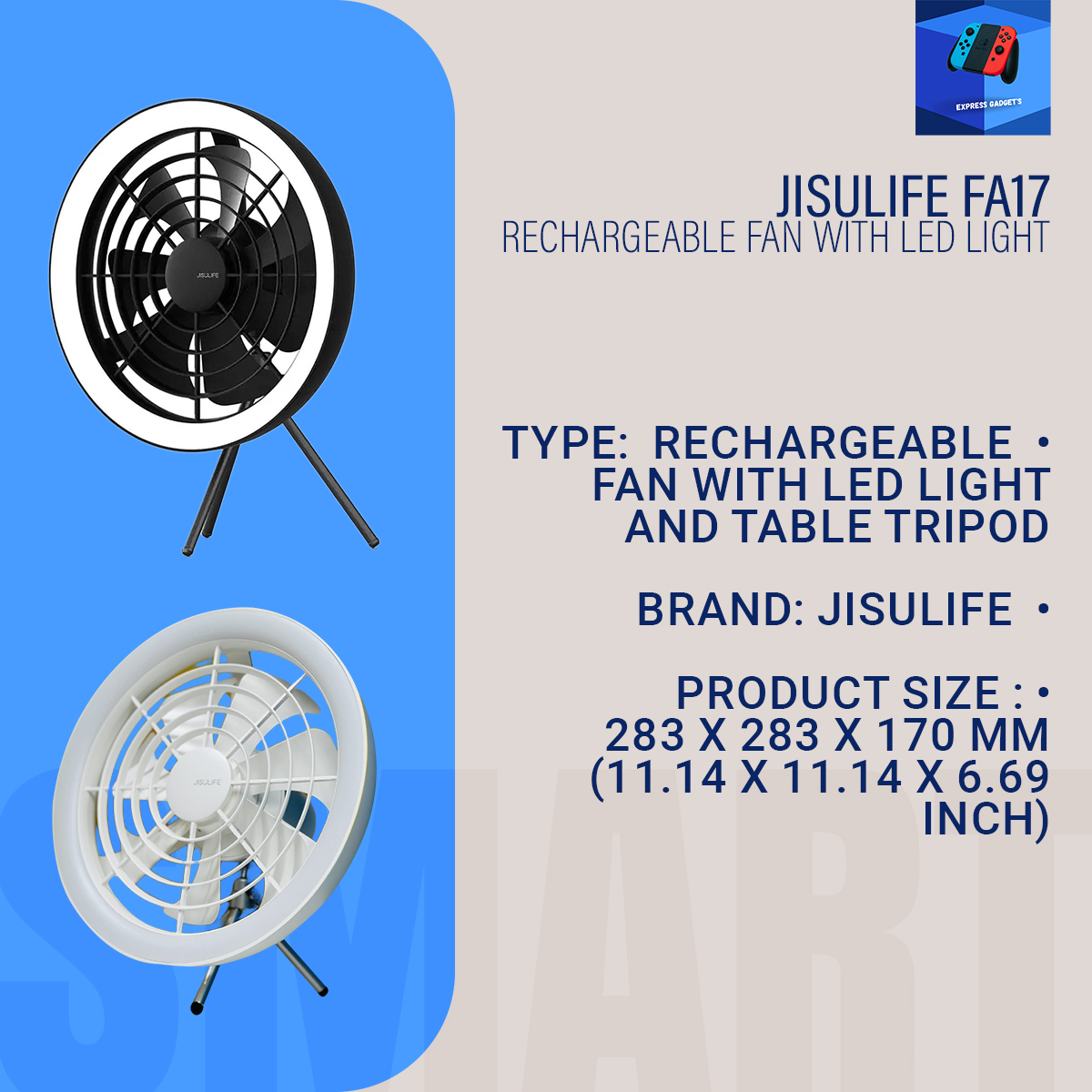 Picture of JISULIFE FA17 Rechargeable Fan(Original) With LED Light And Table Tripod(long tripod Not included)(2 years replacement warranty)