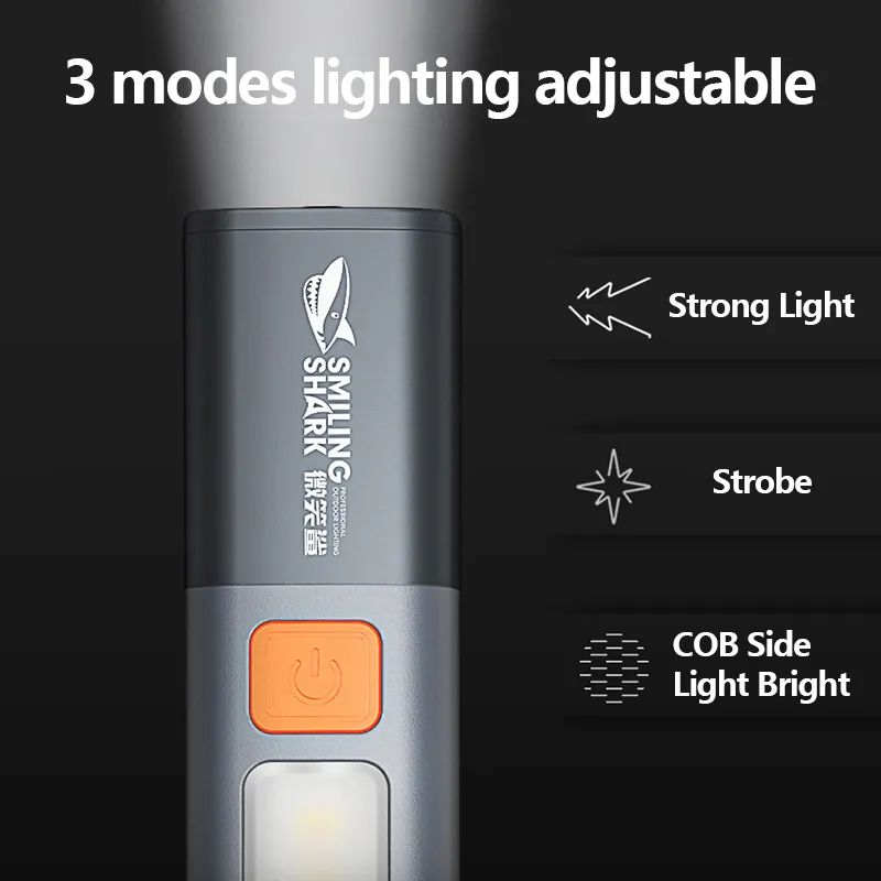 Picture of Smiling Shark SD1023 LED Multifunctional Flashlight with Hook Camping Light USB Rechargeable Zoomable - Grey