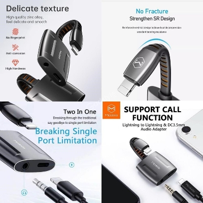 Picture of MCDODO Lightning to Lightning & DC 3.5mm Audio Adapter Converter - Black