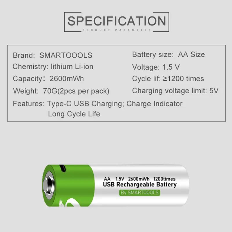 Picture of Smartoools Type-C Rechargeable Batteries AA 2(original) - Green