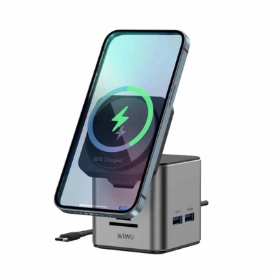 Picture of WiWU Wi-W025 9 in 1 Multi Ports Docking Station and Magsafe Wireless Charger - Black