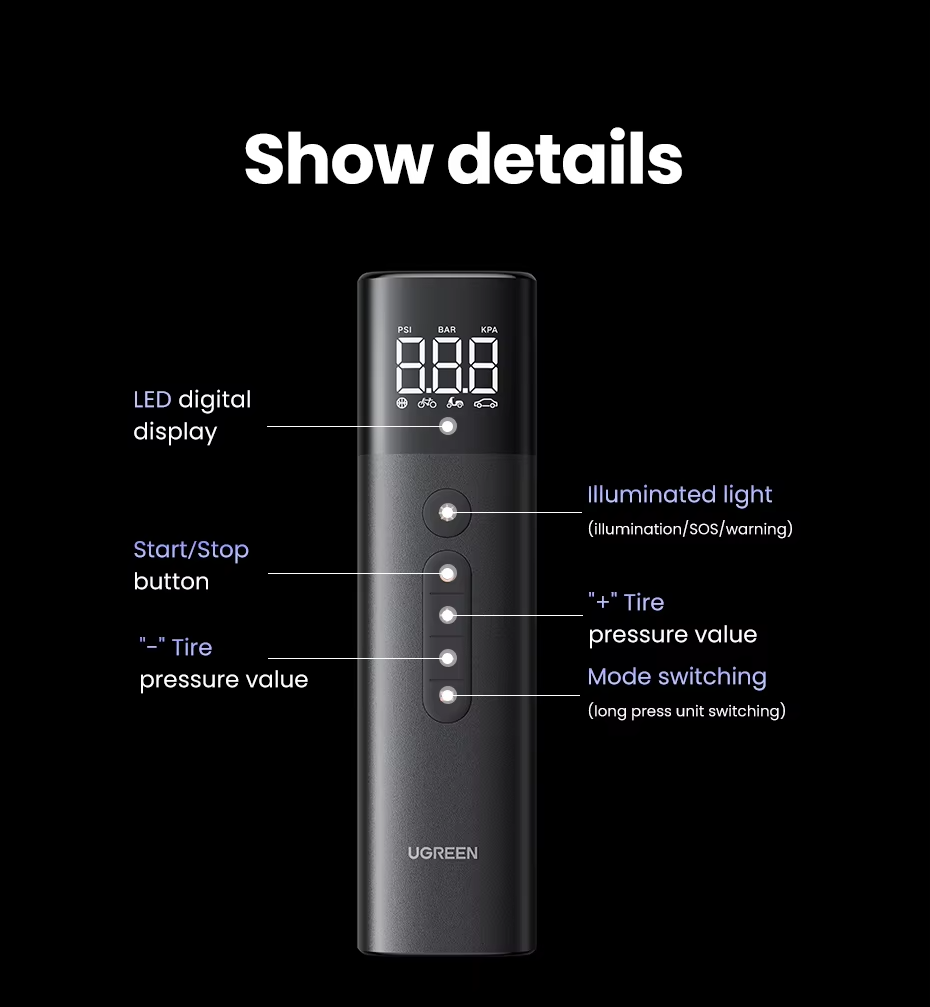 Picture of UGREEN ET501 Greenlink Air Pump Inflator Multi-function Portable - Black