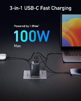 Picture of Anker Prime 100W GaN Wall Charger 3 Ports with 1.5M USB-C Cable: - Black