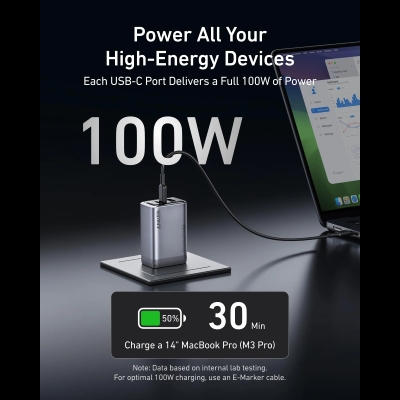 Picture of Anker Prime 100W GaN Wall Charger 3 Ports with 1.5M USB-C Cable: - Black