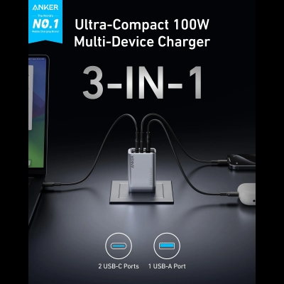 Picture of Anker Prime 100W GaN Wall Charger 3 Ports with 1.5M USB-C Cable: - Black