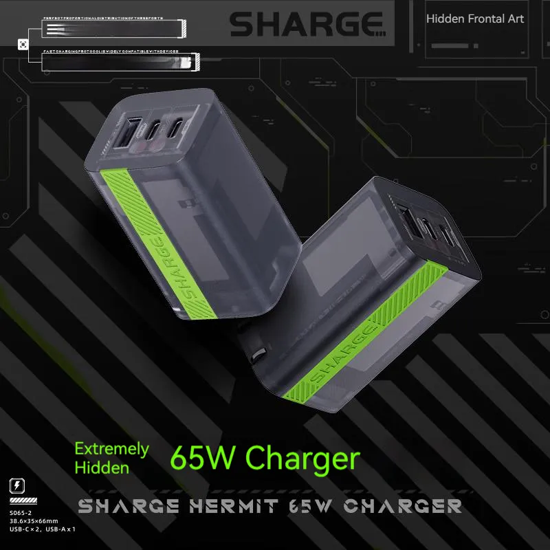 Picture of Sharge/Shargeek 65W gallium nitride type-c charger PD multi-port fast charge laptop 65W charging head 2C1A global product ( 1 year replacement warranty) - Black