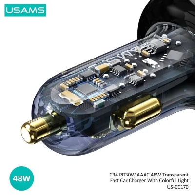 Picture of USAMS Car Charger 1xUSB-C 3xUSB-A C34 48W 3A+C PD Transparent Design (US-CC170 - Black