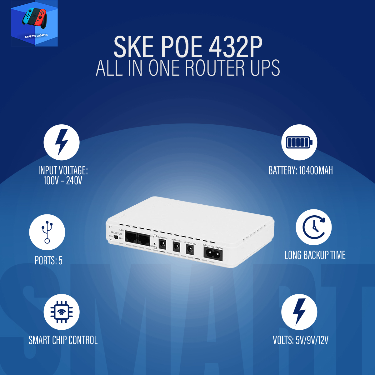 Picture of SKE POE 432P All in One Router UPS 10400Mah Update Edition 5V 9V 12V & PoE Support 15/24V(1 year replacement warranty )