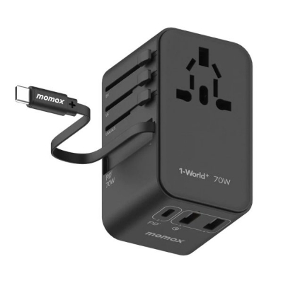 Picture of Momax UA18 1-World+ 70W GaN 3-Port AC Travel Adapter USB-C Cable - Black