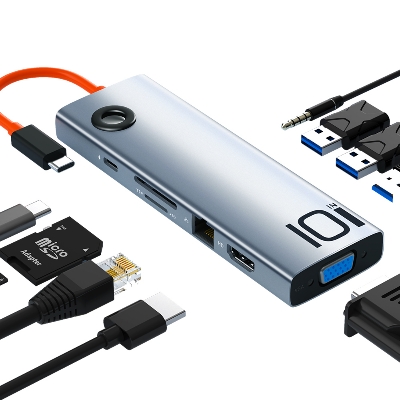 Picture of ROCK New Product TR30 10 in 1 Type-C to +VGA+Audio+USB3.0X3+SD/TF+LAN+Fast Multi-function Docking Station - Silver