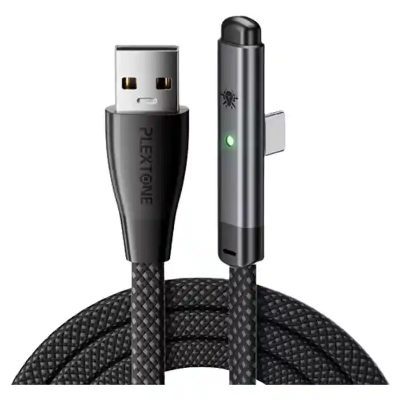 Picture of Plextone 66W Gaming Charging Data Cable 90° Type-C to USB (C2U T100) - Black