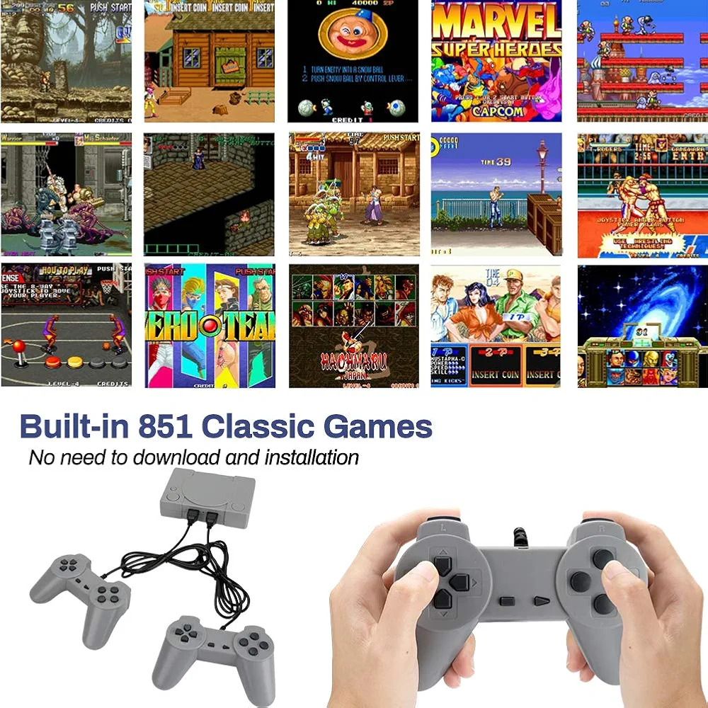 Picture of Welltop PlayStation Classic 8-bit PS1 Retro Video Game Console, Mini Video Games Consoles, Built-in 851 Games with 2 Gamepads, Support AV Out Family TV Retro Games Controller, Grey - Grey