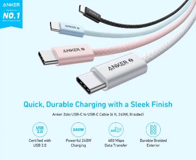 Picture of Anker Zolo 240W USB C to USB C Cable for iPhone 16 Series,MacBook(18 Months replacement warranty )