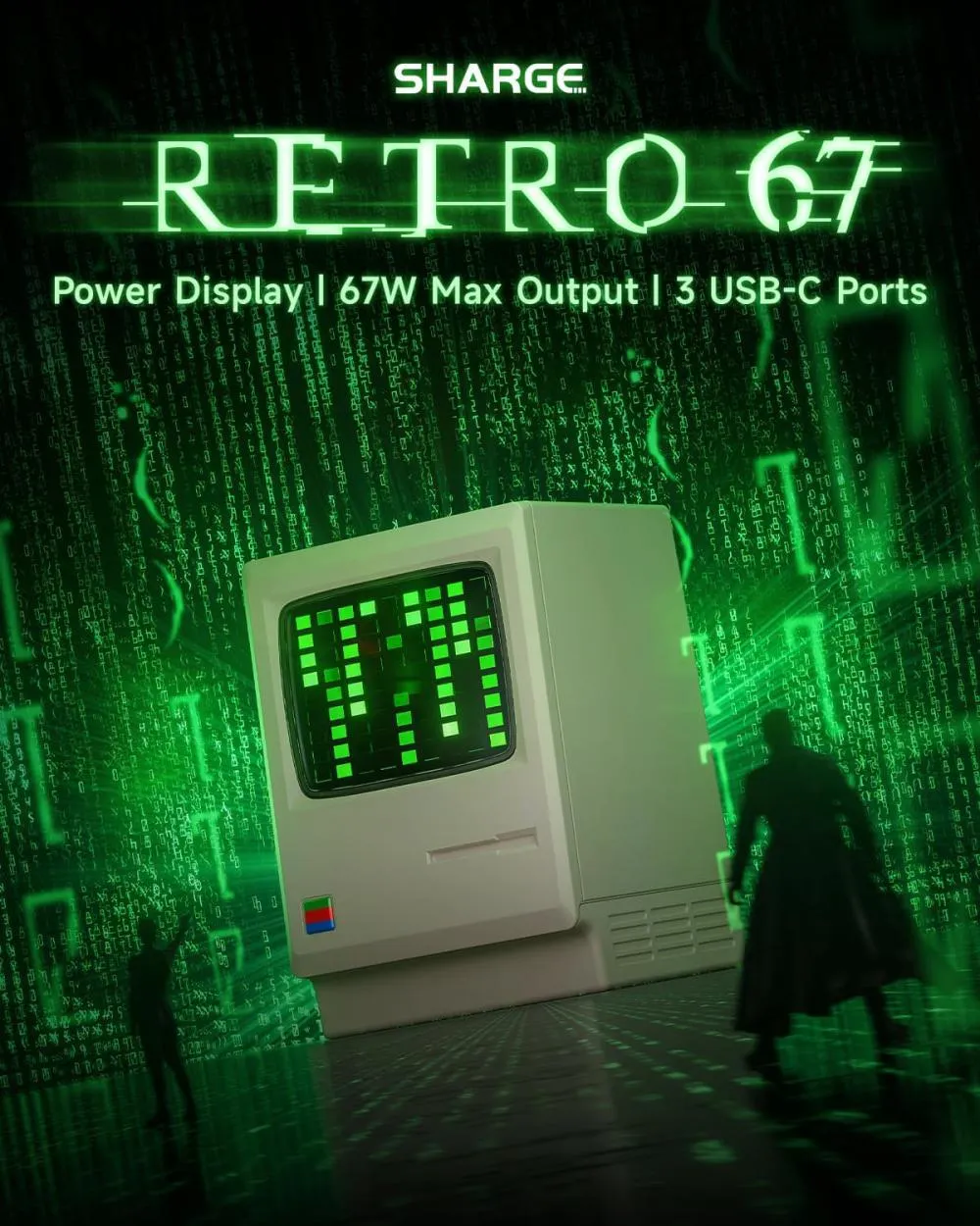 Picture of SHARGE Retro 67w USB C Power Display 3-Port Fast GaN Foldable Charger - White