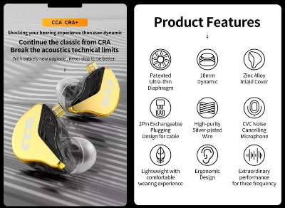 Picture of CCA CRA Plus 10mm Patented Ultra-thin Diaphragm Dynamic Driver IEM - Yellow