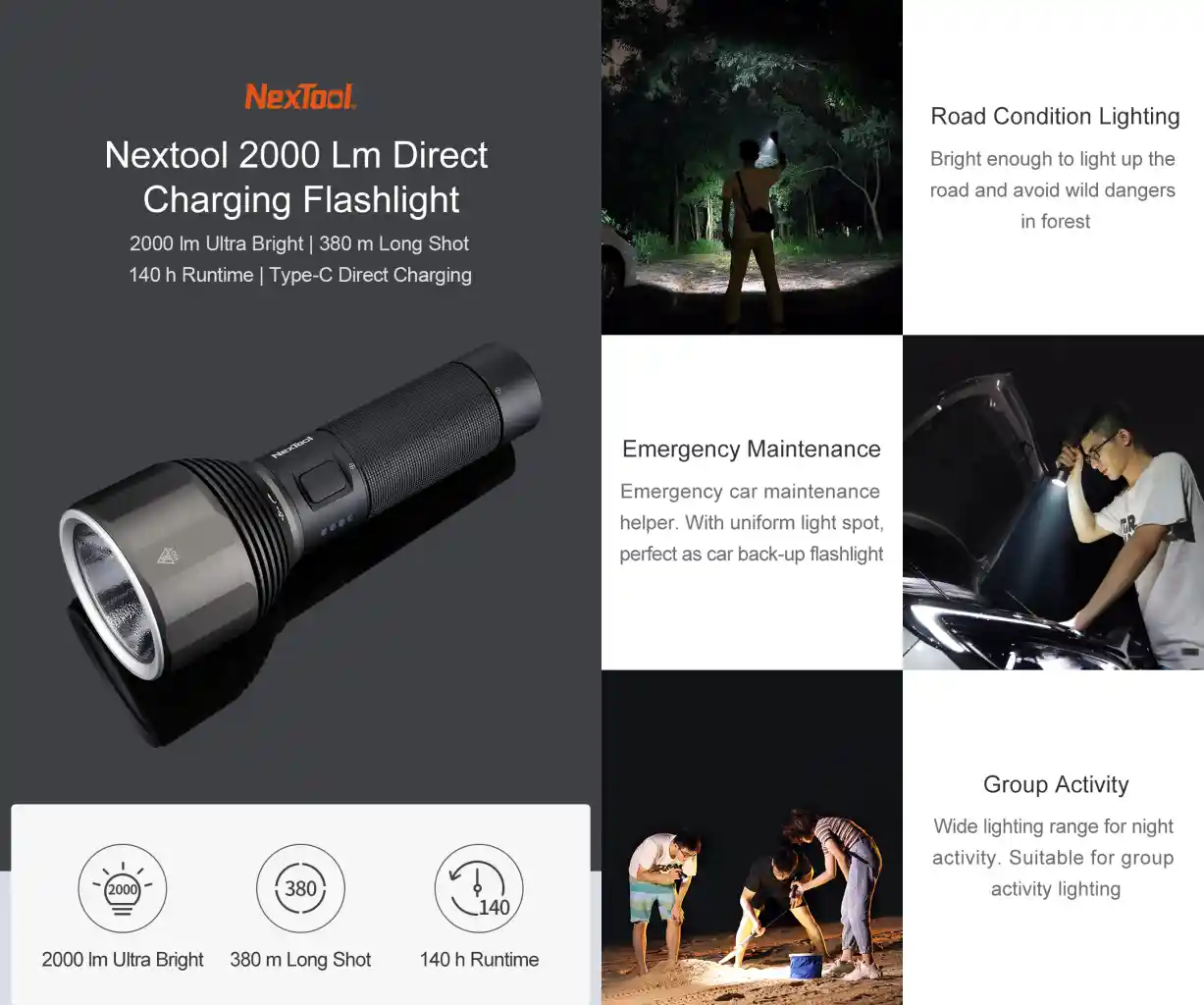 Picture of Xiaomi Nextool 2000 LM Flashlight With IPX7 - Black