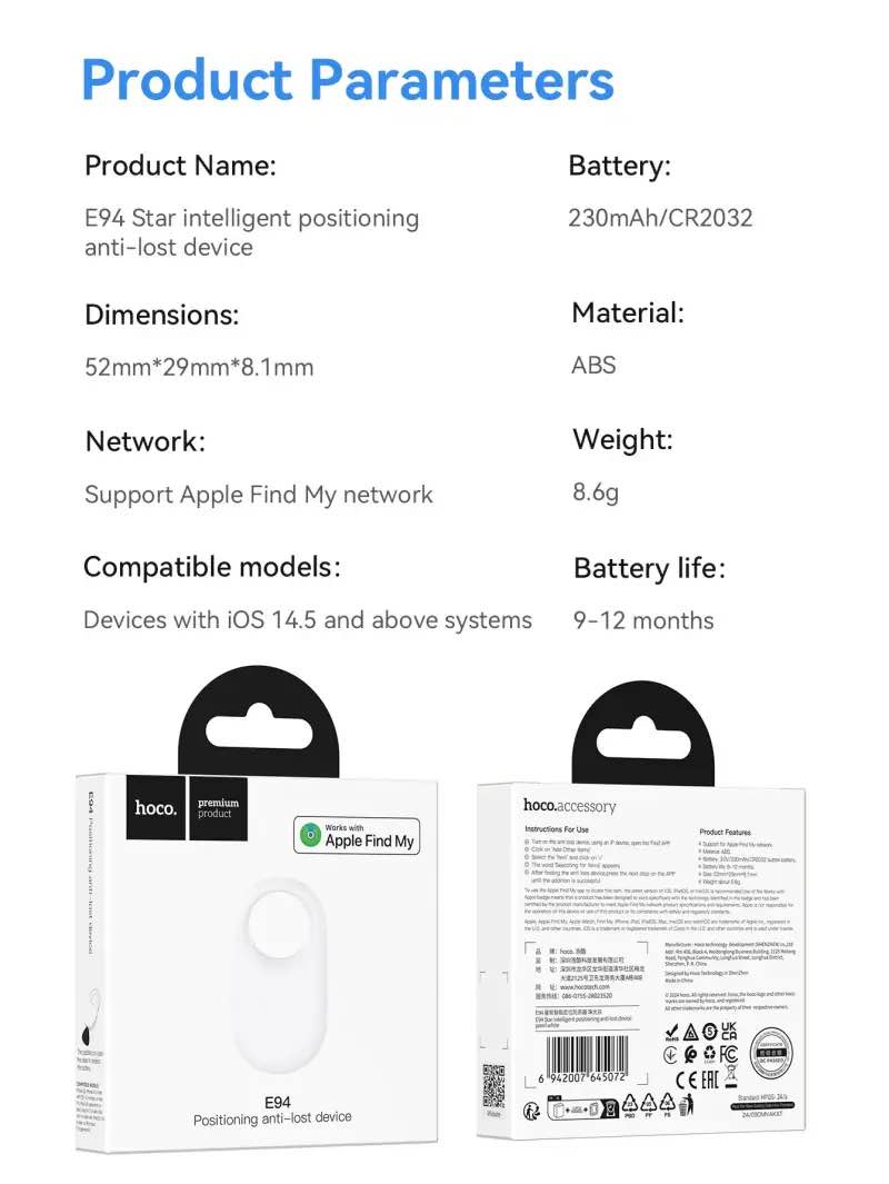 Picture of HOCO E94 AirTags Tracker Intelligent Positioning Anti-lost Device, Apple Find My Network Support - Black