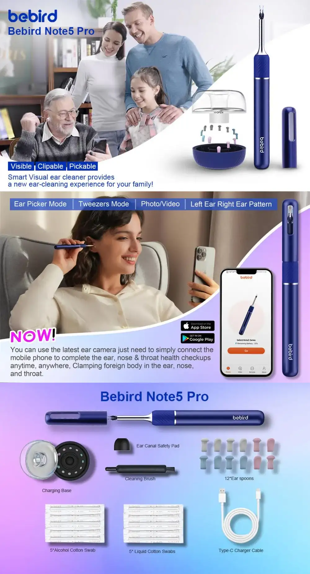 Picture of Bebird Note5 Pro Ear Wax Removal Tool Camera Ear Cleaner with Light - Black