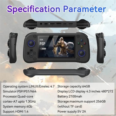 Picture of G28 Handheld Video Game Console 4.3" IPS Screen 64GB - Black - Black