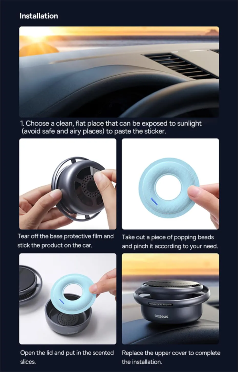 Picture of Baseus Car Air Freshener Solar Power Automatic Rotating Diffusion Perfume - Black