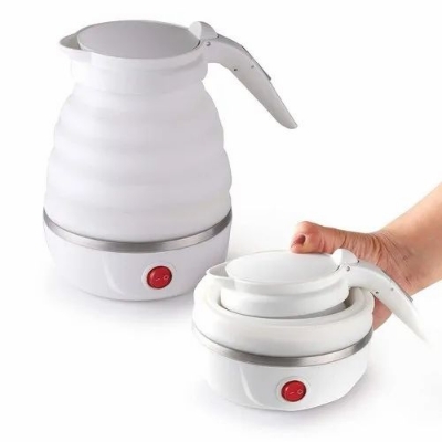 Picture of Foldable Silicone Kettle, 600 ml Mini Folding Electric Kettle, Camping Kettle with 2 Folding Cups 850 W Quick Boiling for Camping, Travel, Holidays - White