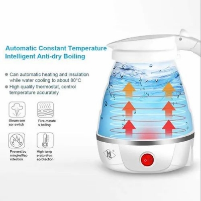 Picture of Foldable Silicone Kettle, 600 ml Mini Folding Electric Kettle, Camping Kettle with 2 Folding Cups 850 W Quick Boiling for Camping, Travel, Holidays - White
