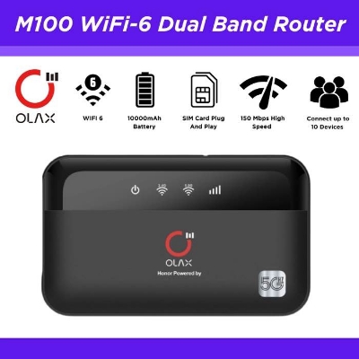 Picture of OLAX M100 Power Bank WiFi Router – 10,000mAh Portable Charger & WiFi 6 4G Router (Dual-Band, SIM Support) - Black