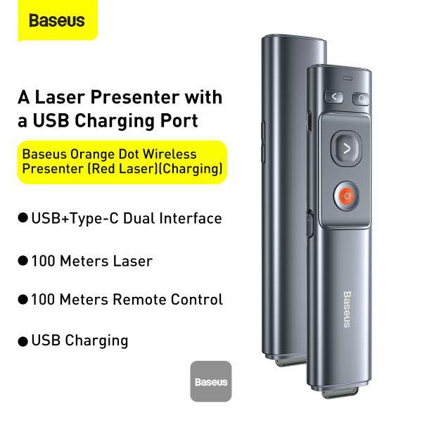 Picture of Baseus Rechargeable Orange Dot Wireless Presenter (Red Laser) - Grey - Black