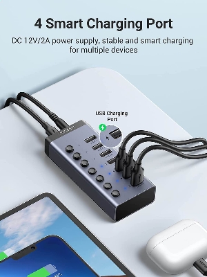 Picture of UGREEN CM481 USB-C to 7-Port USB-A 3.0 Hub DC 12V EU, Compliance with BC 1.2 fast charging protocol - Black
