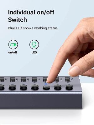 Picture of UGREEN CM481 USB-C to 7-Port USB-A 3.0 Hub DC 12V EU, Compliance with BC 1.2 fast charging protocol - Black