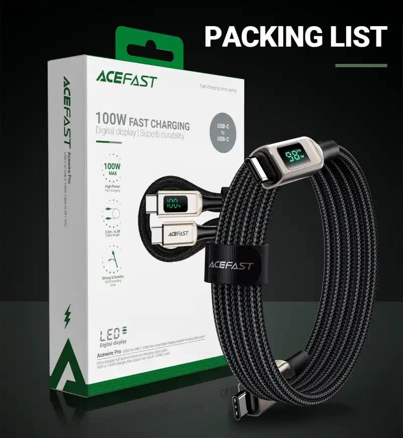 Picture of Acefast C6-03 USB-C to USB-C 100W Cable with Display - Black