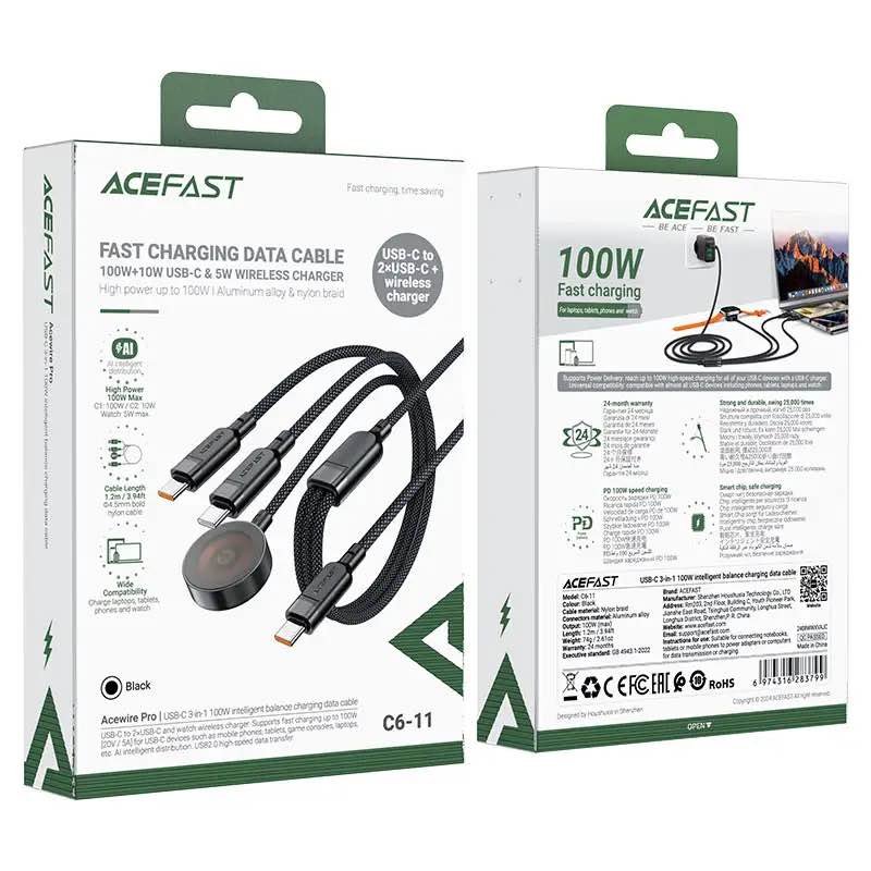 Picture of ACEFAST C6-11 3-in-1 100W Charging Data Cable with Wireless Charger - Black