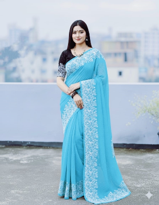 Picture of Fashionable Half Silk Block Print Saree for women. Saree with Unstitched Blouse pcs