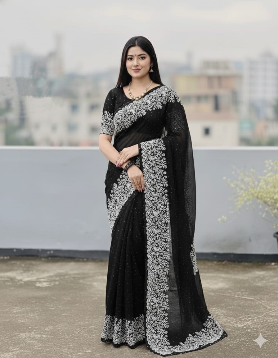 Picture of Fashionable Half Silk Block Print Saree for women. Saree with Unstitched Blouse pcs