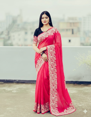 Picture of Fashionable Half Silk Block Print Saree for women. Saree with Unstitched Blouse pcs