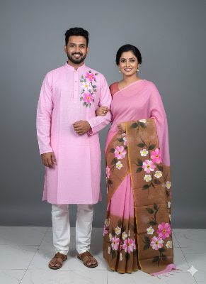Picture of Half Silk Hand print Sharee and Dhupiyan panjabi For Combo Couple Dress