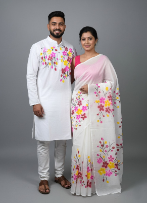 Picture of Half Silk Hand print Sharee and Dhupiyan panjabi For Combo Couple Dress