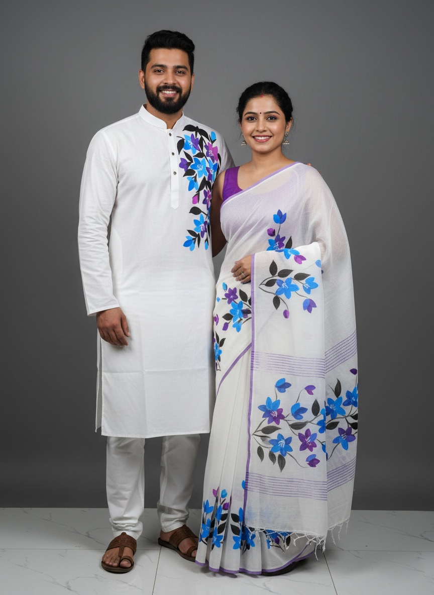 Picture of Half Silk Hand print Sharee and Dhupiyan panjabi For Combo Couple Dress