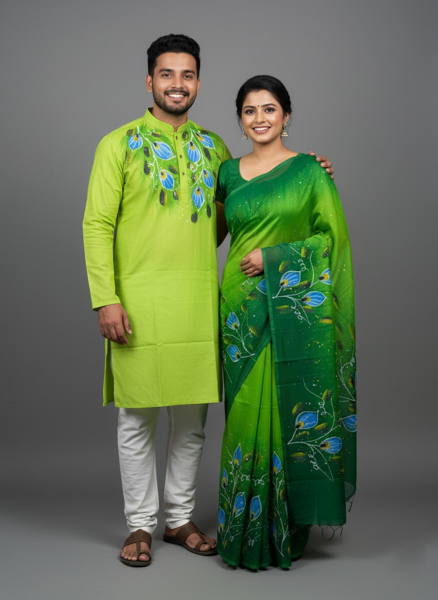 Picture of Half Silk Hand print Sharee and Dhupiyan panjabi For Combo Couple Dress