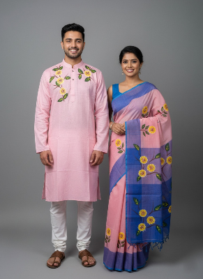 Picture of Half Silk Hand print Sharee and Dhupiyan panjabi For Combo Couple Dress