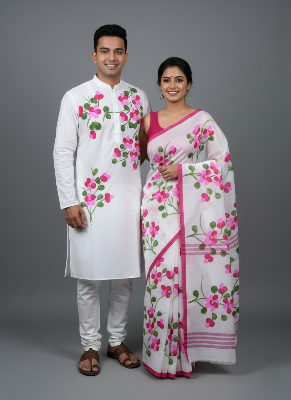 Picture of Half Silk Hand print Sharee and Dhupiyan panjabi For Combo Couple Dress