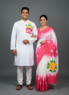 Picture of Half Silk Hand print Sharee and Dhupiyan panjabi For Combo Couple Dress