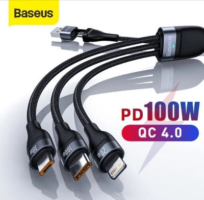 Picture of Baseus 3 in 1 USB Cable 5A Fast Charging for iPhone, Xiaomi, Samsung, Huawei, Type-C, Micro USB, Nylon Braided, LED Indicator, 1.2m