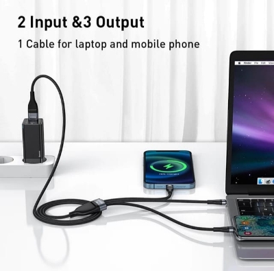 Picture of Baseus 3 in 1 USB Cable 5A Fast Charging for iPhone, Xiaomi, Samsung, Huawei, Type-C, Micro USB, Nylon Braided, LED Indicator, 1.2m