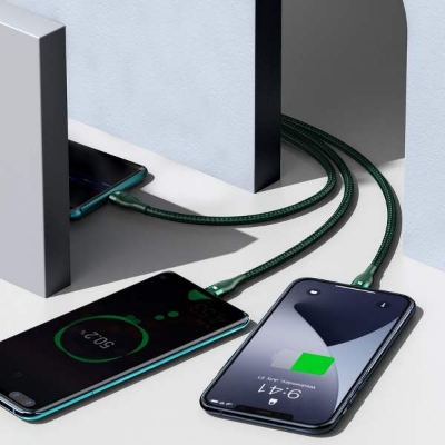 Picture of Baseus 3 in 1 USB Cable 5A Fast Charging for iPhone, Xiaomi, Samsung, Huawei, Type-C, Micro USB, Nylon Braided, LED Indicator, 1.2m