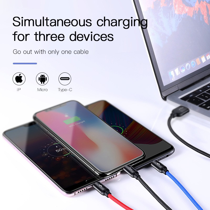 Picture of Baseus 3 in 1 USB Cable 3.5A Micro USB Type C Charging Lighting cable - 1.2 M