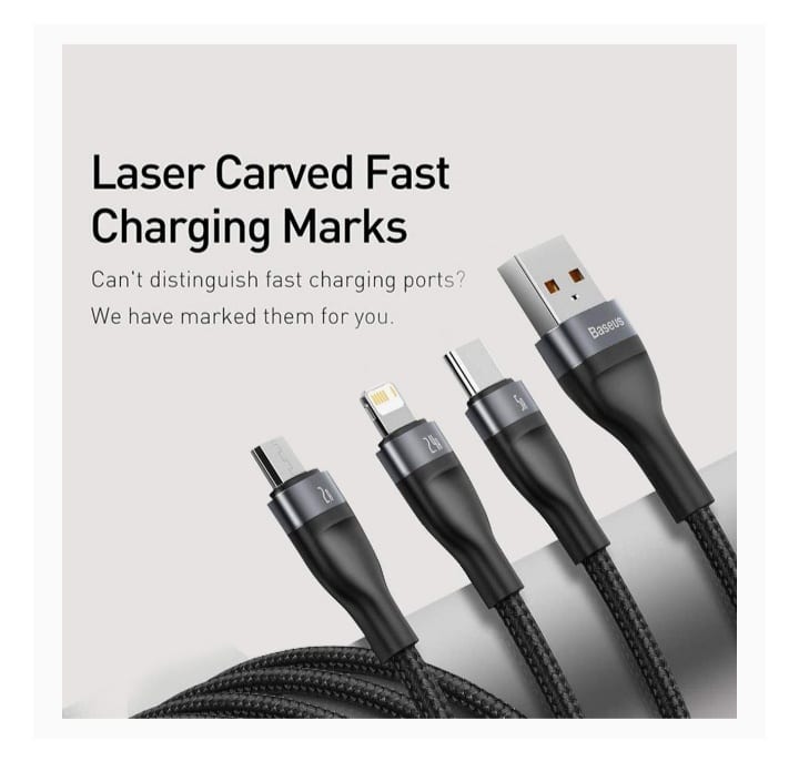Picture of Baseus Flash Series 3 IN 1 66W Fast Charging Data Cable USB to M+L+C 5A 1.2m Black